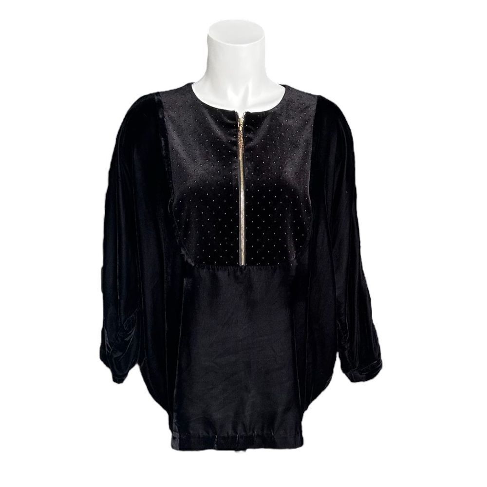 T Tahari Women's Black Lala Velvet Gold Studded Embellished Top‎ Size Small